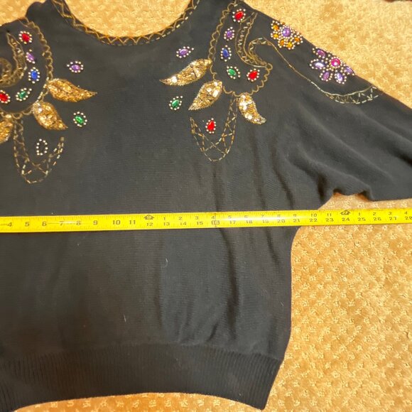 VTG 80/90s Sequin Sweater SZ M Metallic Embroidered Granny Black Paisley Dolman - Picture 10 of 13